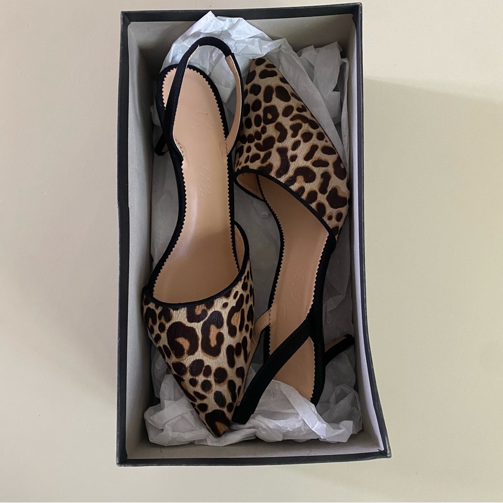 J. Crew Calf-hair Colette asymmetrical slingback pumps in leopard NEW IN BOX